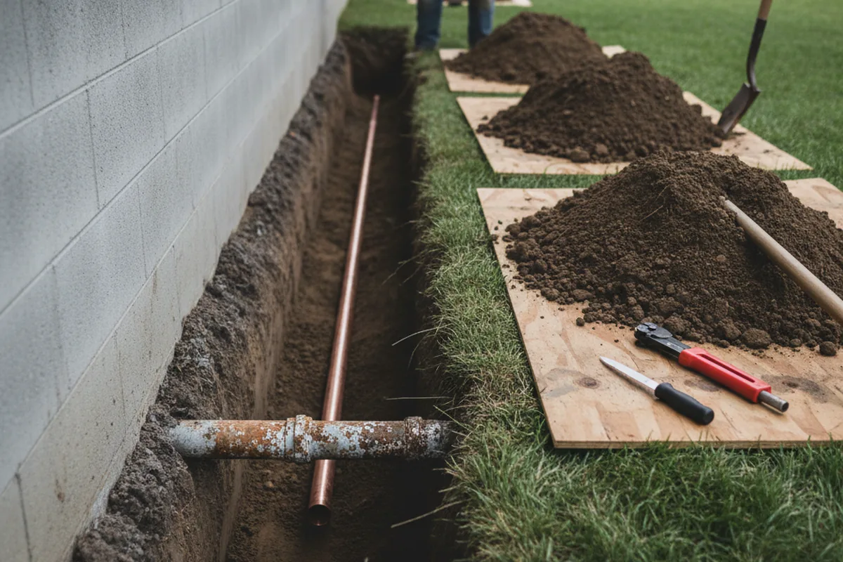 Excavated water line trench during Water Softener Installation in Keedysville